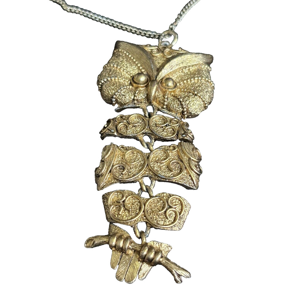 Vintage Articulated Owl Pendant Necklace Gold Tone Textured Ornate Decor By JJ